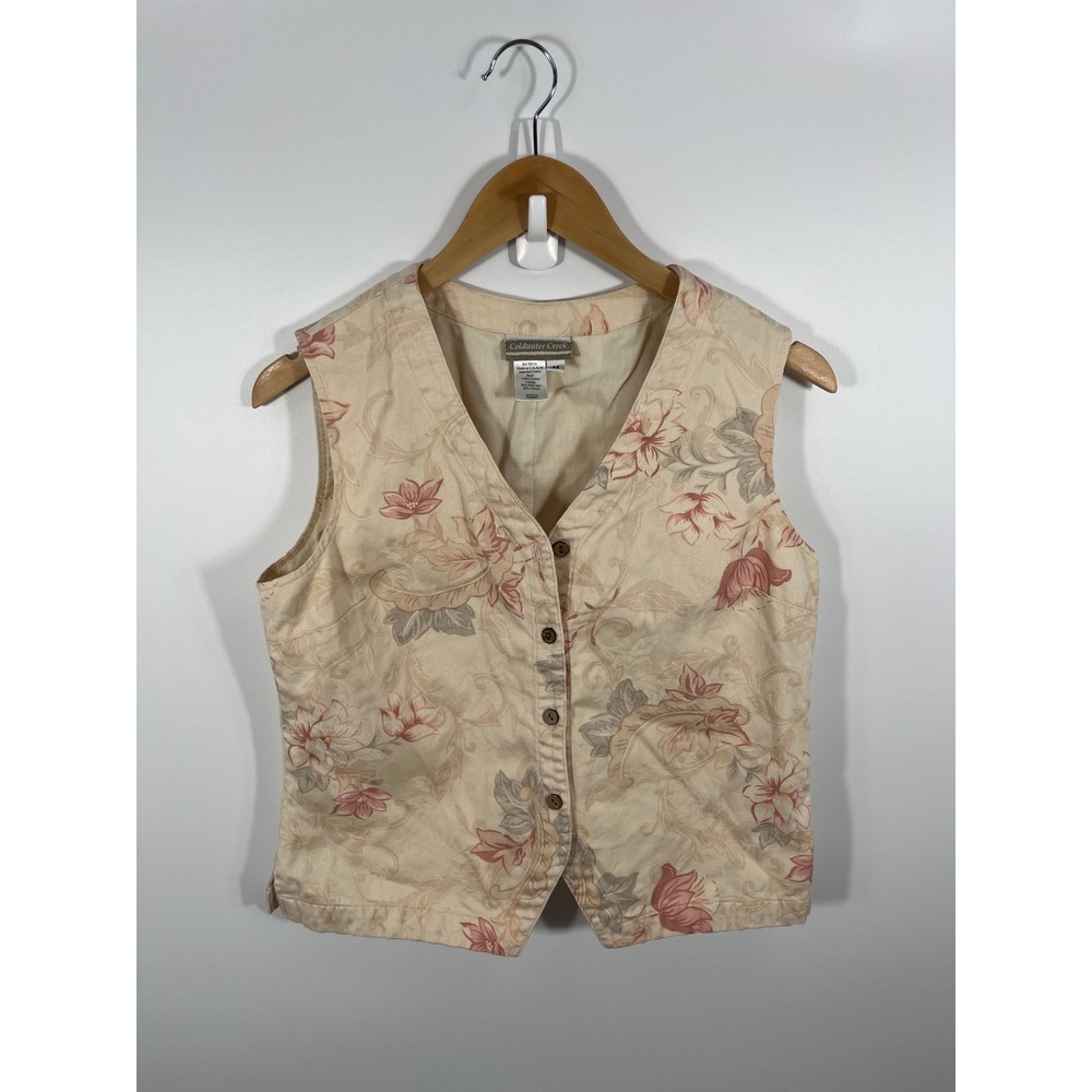 Vintage Coldwater Creek Women Denim Vest M Beige Floral 100% Cotton Boho Western
